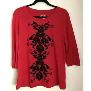 Style and Co. Sport Womens Red Shirt NWT Size Large Velvet Applique Blouse